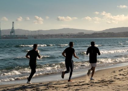 Three men jogging along a scenic beach, embracing a healthy lifestyle under a clear sky.